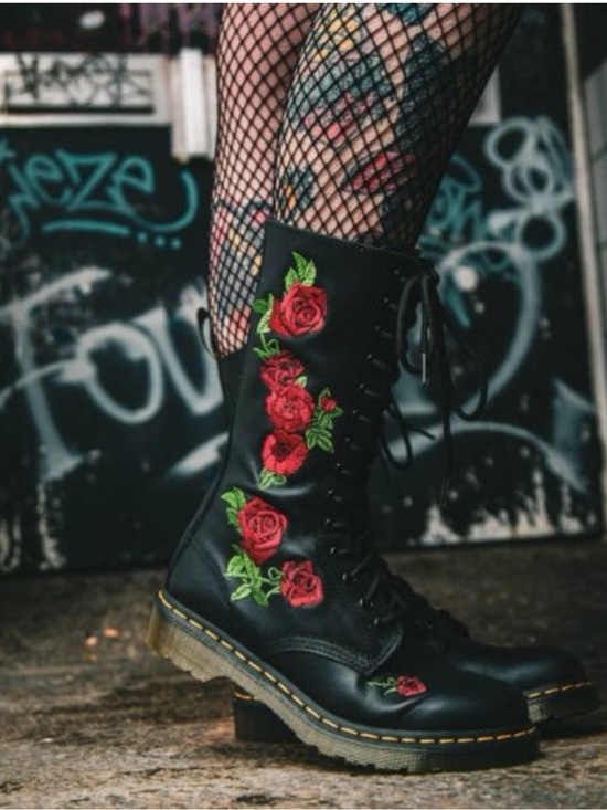 Dr. Martens Shoes - Doc Marten 1914 Vonda Mono Embroidered Rose Floral 14 Eye Black Red Combat Boots